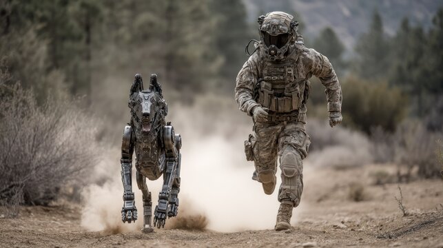 Military personnel and a robot dog running through a dry, dusty landscape - Powered by Adobe