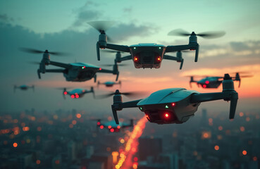 Futuristic swarm of autonomous nuclear-powered drones flies over city at sunset. Advanced warfare technology concept with unmanned aerial vehicles in formation. Military innovation, reconnaissance,