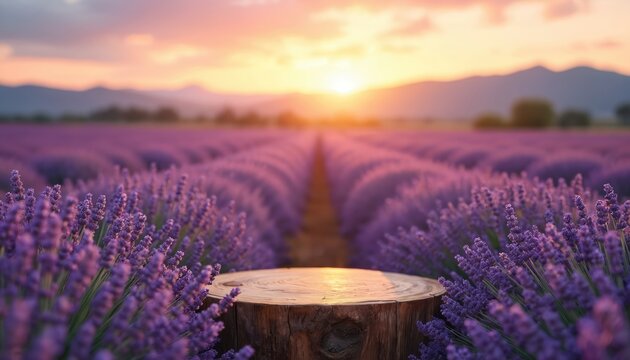 Empty wooden podium in lavender field at sunset. Natural beauty product display concept. Purple flowers, aromatherapy, essential oils, summer landscape. Organic ingredient, fresh vibrant colors. - Powered by Adobe