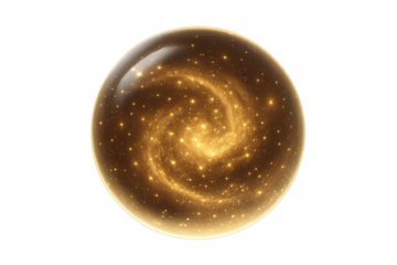 Swirling golden galaxy encased in transparent glass sphere, revealing ethereal cosmic luminescence against pristine backdrop