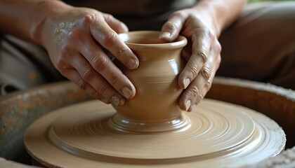 Hands shape clay pot on pottery wheel. Potter crafts ceramic vessel creating art. Skillful hands sculpt earthenware vessel. Traditional handicraft, artisan work.