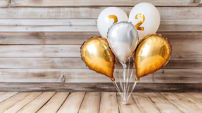 Festive balloons in gold, silver, and white against a wooden background. - Powered by Adobe