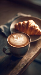 Beautiful Latte Art and Flaky Croissant on Wooden Table