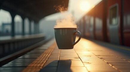 Cup of coffee on the platform of a train station