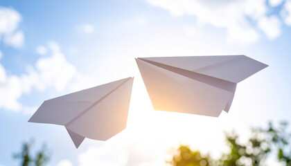 Soaring Paper Planes Against a Bright Blue Sky A Symbol of Freedom and Imagination, paper plane flight toward bright future.