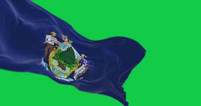 Maine state flag waving isolated on green background