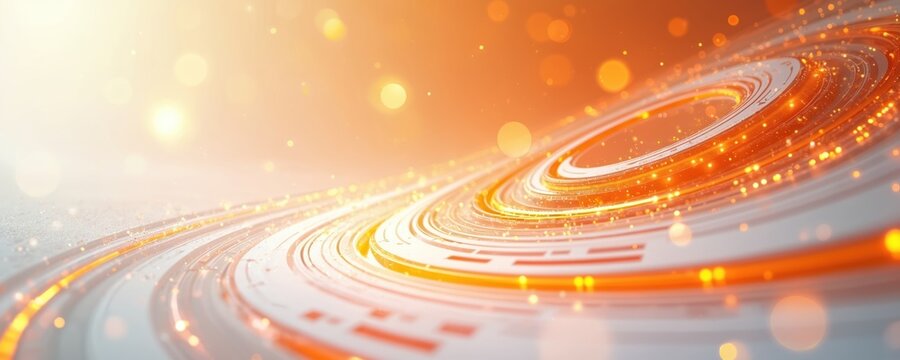 Abstract digital background featuring swirling concentric circles in vibrant orange, white. Glowing particles, light effects create futuristic, high-tech feel, suggesting data flow, network