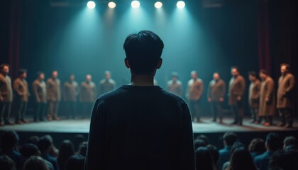 Asian director coaches actors on theater stage. Group of performers stand in formation under bright spotlights, awaiting direction. Focus on creative collaboration, rehearsal process, artistic
