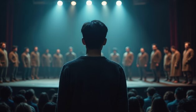 Asian director coaches actors on theater stage. Group of performers stand in formation under bright spotlights, awaiting direction. Focus on creative collaboration, rehearsal process, artistic