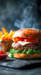 Delicious Gourmet Cheeseburger with Crispy Golden Fries and Ketchup