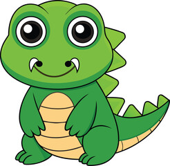 Fototapeta premium Cute cartoon green alligator sitting and smiling with big eyes and small teeth, great for children's books or educational materials
