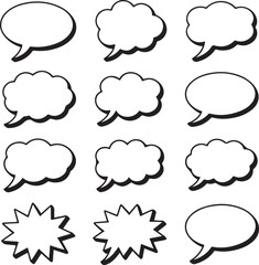 Speech Bubble Icon Set Vector Collection of 12 Comic-Style Dialogue, Thought, and Shout Balloons in Black and White Grid