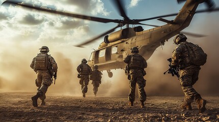 Soldiers in full combat gear approach a military helicopter amidst a dusty, dramatic landscape during a tactical operation.