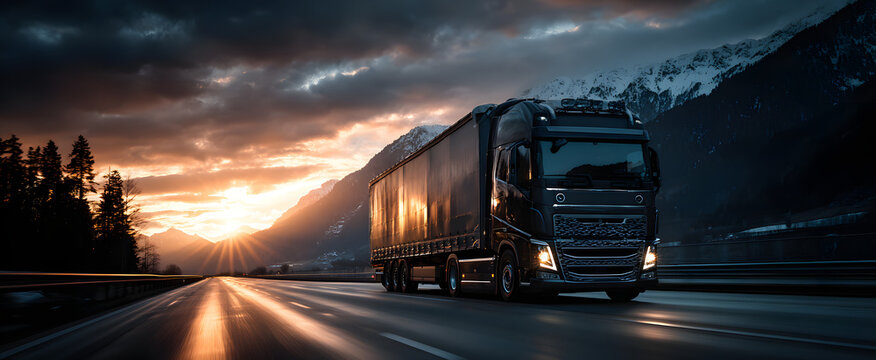 The truck driving fast on a highway during a beautiful sunset. - Powered by Adobe