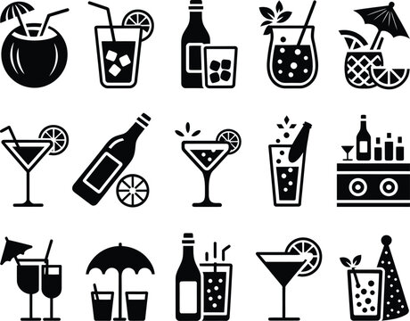Collection of stylized cocktail and drink icons for beverage and party themes - Powered by Adobe