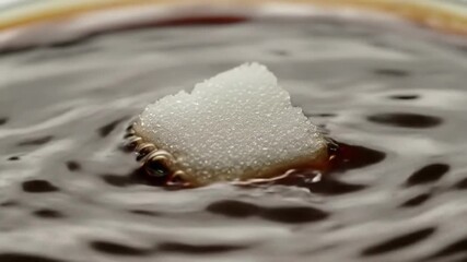 Sugar cube dropped into dark liquid creating splash effect - Powered by Adobe