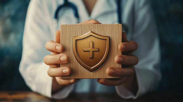 Doctor holding a wooden block with a golden shield and cross symbol representing health insurance
