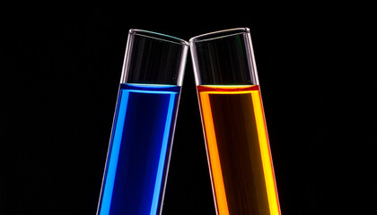 Colorful Chemistry Two Test Tubes with Vibrant Blue and Orange Solutions Displayed Against a Dark Backdrop