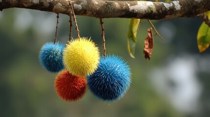 Colorful spiky balls hanging from a tree branch.