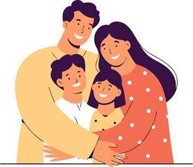 Happy family of four hugging each other, expressing love and togetherness with smiles