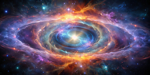 Obraz premium A stunning cosmic display reveals a galactic whirlpool of vivid colors, swirling gases, and radiant starlight. The scene evokes awe and wonder at the universe's vastness