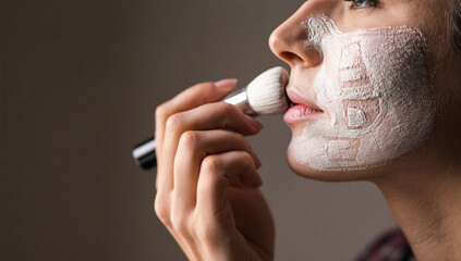 Woman Applying White Facial Mask with Makeup Brush