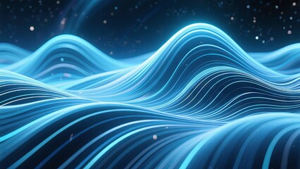 Blue light waves gracefully interact in a digital landscape, resembling a serene ocean. This captivating visual combines fluid motion and deep cosmic elements, creating an enchanting atmosphere