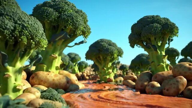 Vegetable Landscape: Broccoli trees and potato ground under sky