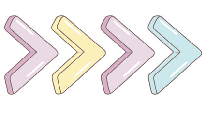 four glossy 3d right-facing chevron arrows in pastel pink, yellow, purple, and blue, with a subtle outline isolated on white background.