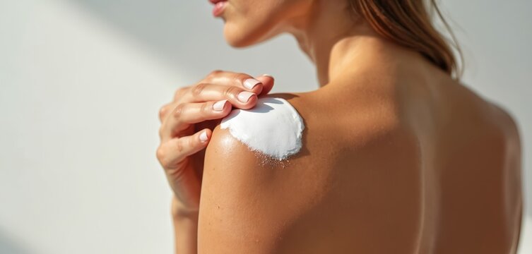 Woman applies sunscreen on shoulder for skin protection. Closeup of hand spreading white cream lotion for summer health, skincare. Sun protection against ultraviolet rays, moisturizing body care,