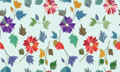 Colorful Seamless Floral Pattern With Diverse Flowers And Leaves On A Light Sky Background, Perfect For Textiles Or Digital Designs.