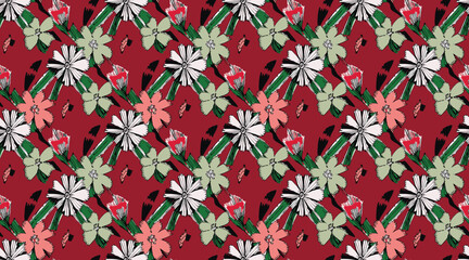 Seamless Floral Pattern White And Pink Flowers With Green Foliage On A Vibrant Red Background, Perfect For Textiles Or Digital Designs.