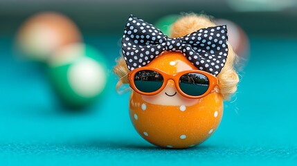 Orange polka-dotted figurine with sunglasses and a bow.