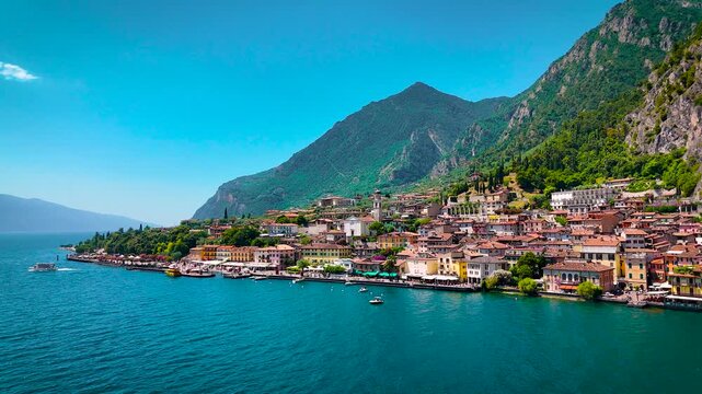 Charming Limone sul Garda sits on the edge of Lake Garda, surrounded by turquoise water and dramatic cliffs. Perfect for travel, real estate, and tourism-related commercial content