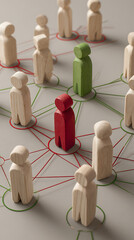 Obraz premium Network of Wooden Figures Red and Green Person Icons Connected by Red and Green Lines on Gray Background Social Network Concept