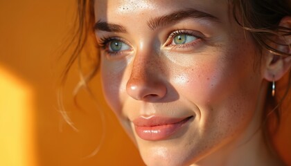 Close-up of young woman face, dewy, glowing skin, natural complexion. Soft sunlight illuminates features, emphasizing freckles, subtle blush. Serene expression, clear, healthy skin suggest wellness,