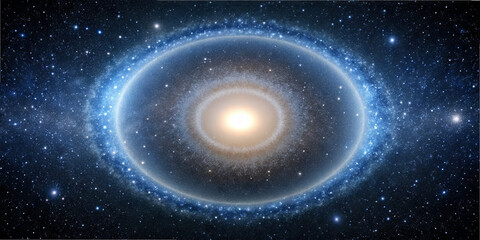 Fototapeta premium A glowing spiral galaxy is at the center, with bright core and swirling arms. Surrounding it, countless stars twinkle in the vastness of space, creating a captivating celestial display