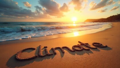 The word CLIMATE is written in the sand on a beach during a beautiful sunset. Gentle waves wash ashore, symbolizing rising sea levels and environmental concerns.
