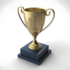 Golden trophy with number one on a dark base isolated on white background