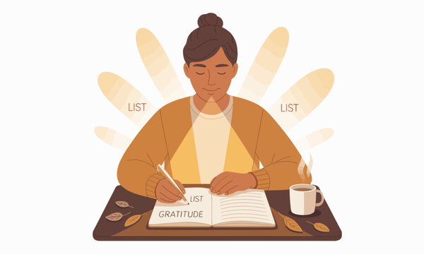 Gratitude List: Woman Writing in Journal with Autumnal Accents