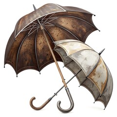 Two antique umbrellas with weathered fabric isolated on white background