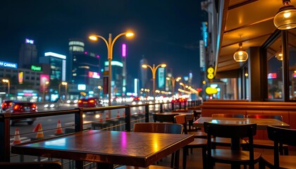 Empty cafe tables at night overlooking vibrant city streetlights,  shadows,  restaurant