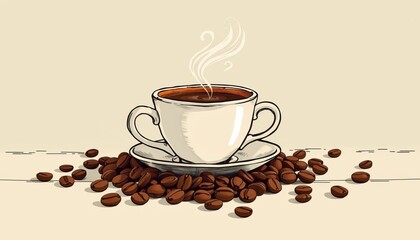 Obraz premium Hand-drawn vintage style vector background featuring a steaming coffee cup and scattered coffee beans, light roast, medium roast