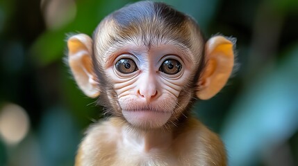 Close-up of a curious infant monkey.