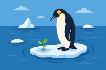 Obraz premium Penguin Watching Melting Ice – AI generated