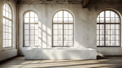 A spacious, light-filled room with large arched windows and a marble platform.