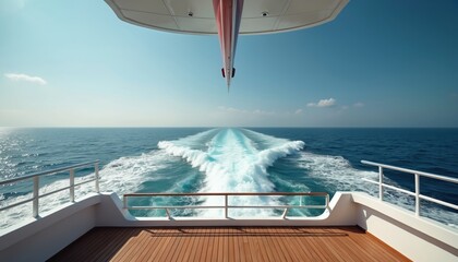 Ocean voyage viewed from ship deck, leaving a white foam wake on blue sea. Nautical journey across tranquil waters under clear sky. Travel, cruising, maritime adventure.