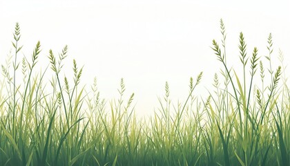 Fototapeta premium Illustration features wild grass with seed heads against clean white background. Serene meadow vegetation design element emphasizes natural beauty, growth, suitable for botanical agricultural themes.