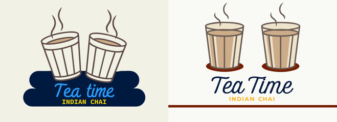 Two Hot Glasses of Indian Chai Tea in Traditional Cutting Glass Style with Steam Rising Concept Perfect for Tea Time Poster and Cafe Branding
