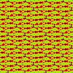 repetitive pattern of interwoven red, green, and yellow shapes forming an intricate abstract design.